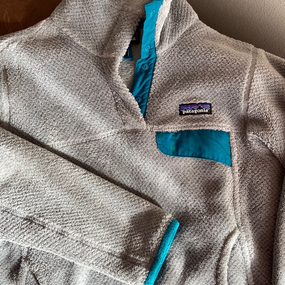 Patagonia Re-Tool Snap-T Fleece Pullover Sweatshirt Fuzzy Cozy Grey Teal Small